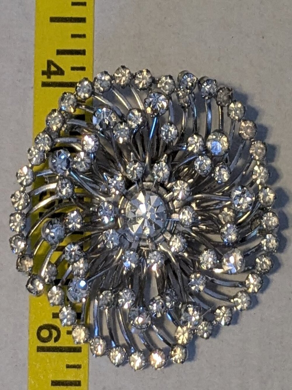 Vintage MCM Silver Tone Clear Rhinestone Floral Flower Brooch Pin